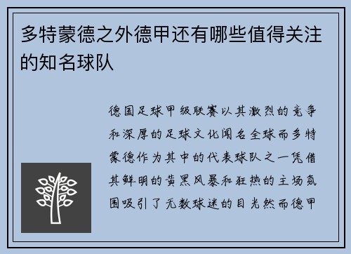 多特蒙德之外德甲还有哪些值得关注的知名球队